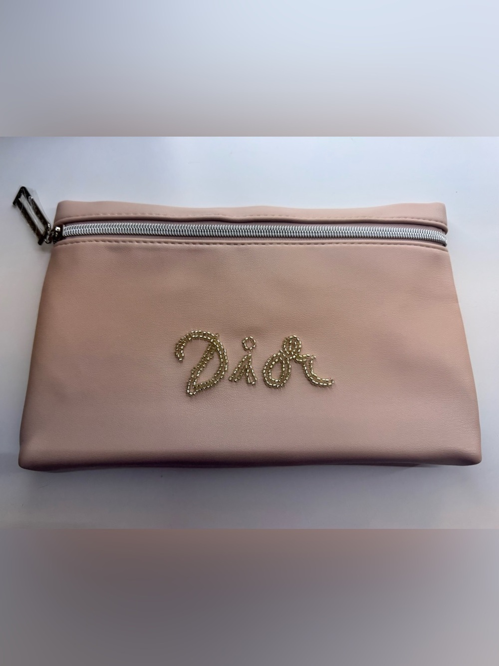 Dior Blush Pink Cosmetic Pouch with Gold Beaded Logo